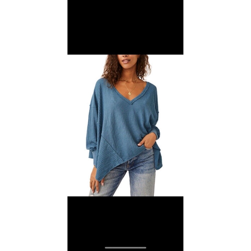 Free People We The Free Coraline Thermal Top M Legion Blue Waffle Knit Boho